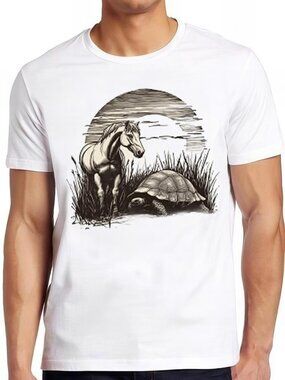 Horse & Tortoise Funny Graphic Tee 🐎🐢 | Humorous Sketch T-Shirt